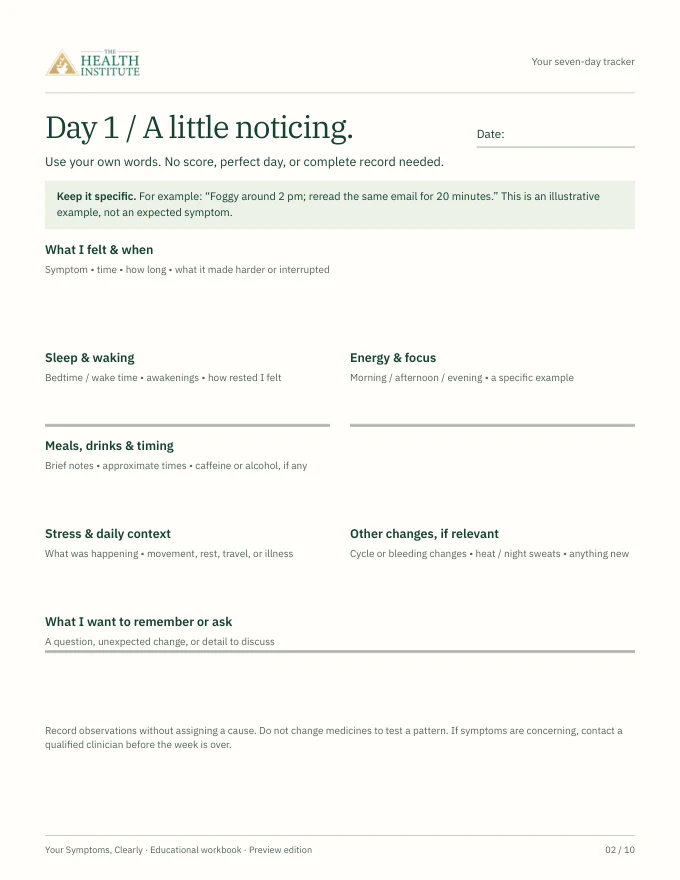 A daily log from the guide, with space for symptoms, sleep, meals, energy, and stress